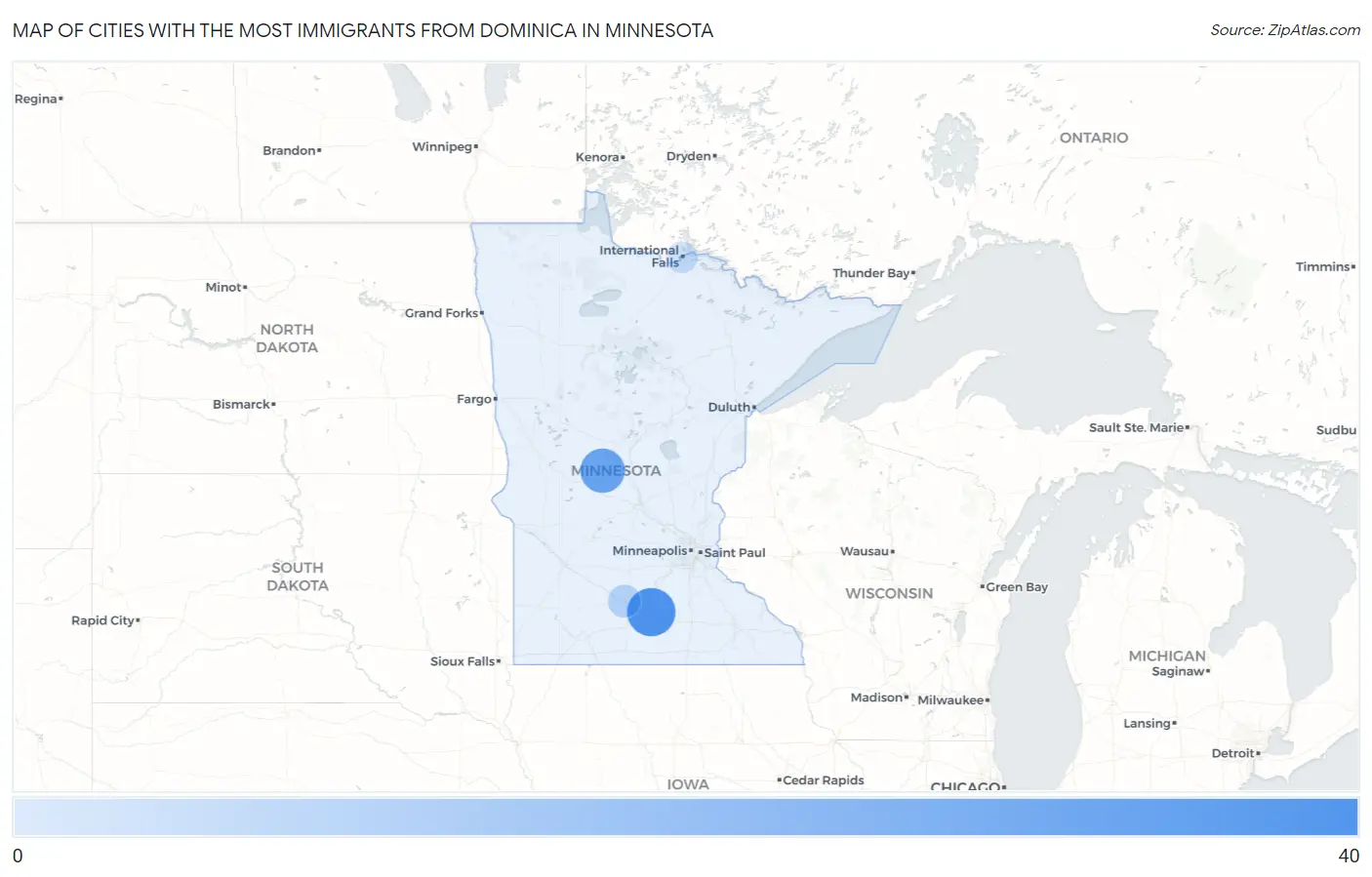 Cities with the Most Immigrants from Dominica in Minnesota Map