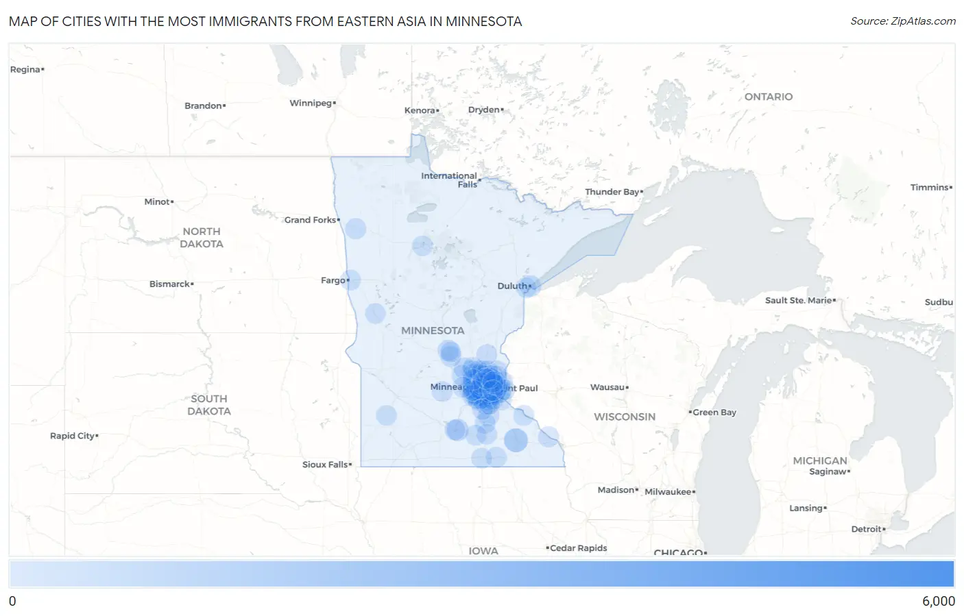 Cities with the Most Immigrants from Eastern Asia in Minnesota Map
