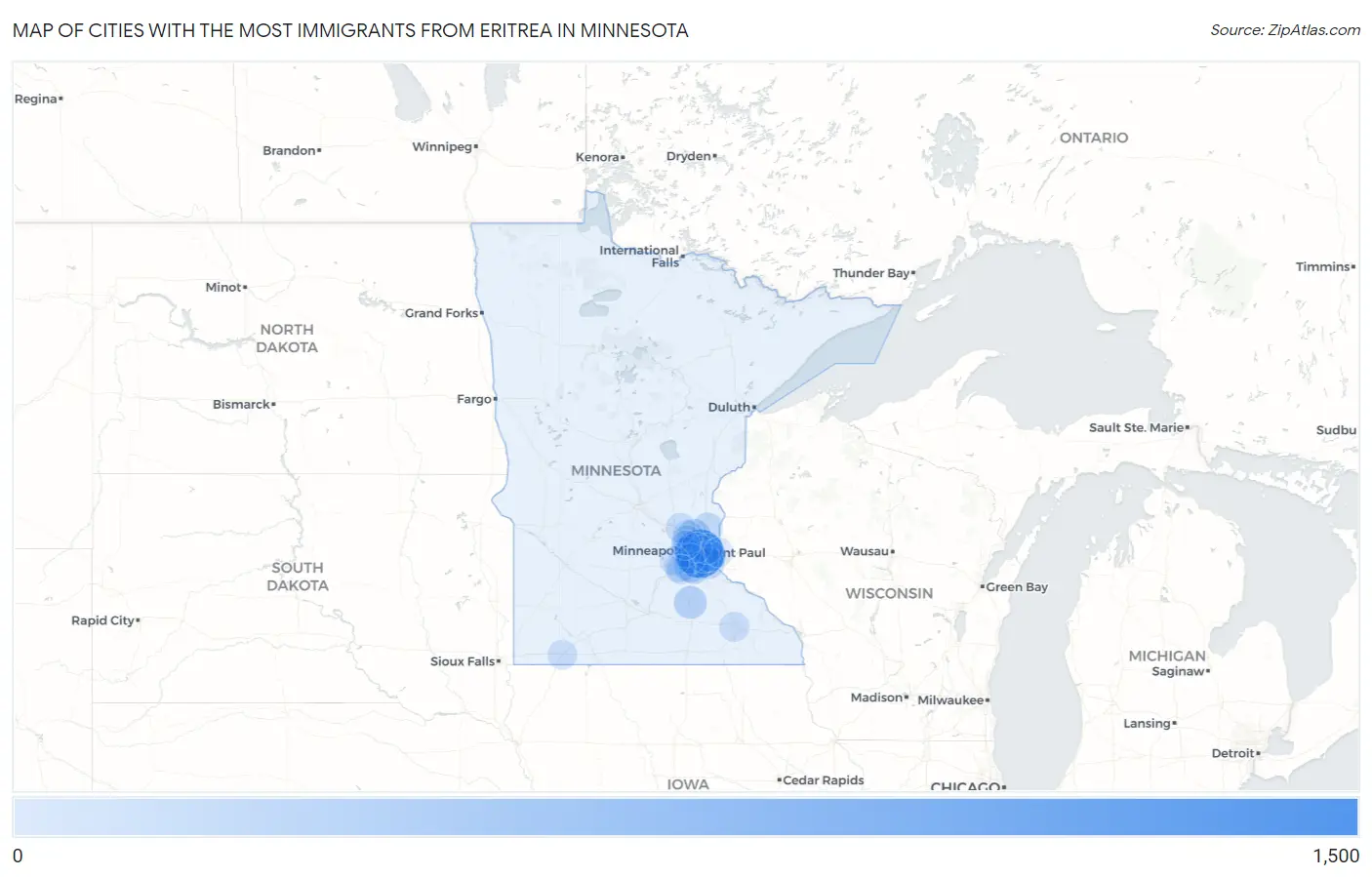Cities with the Most Immigrants from Eritrea in Minnesota Map
