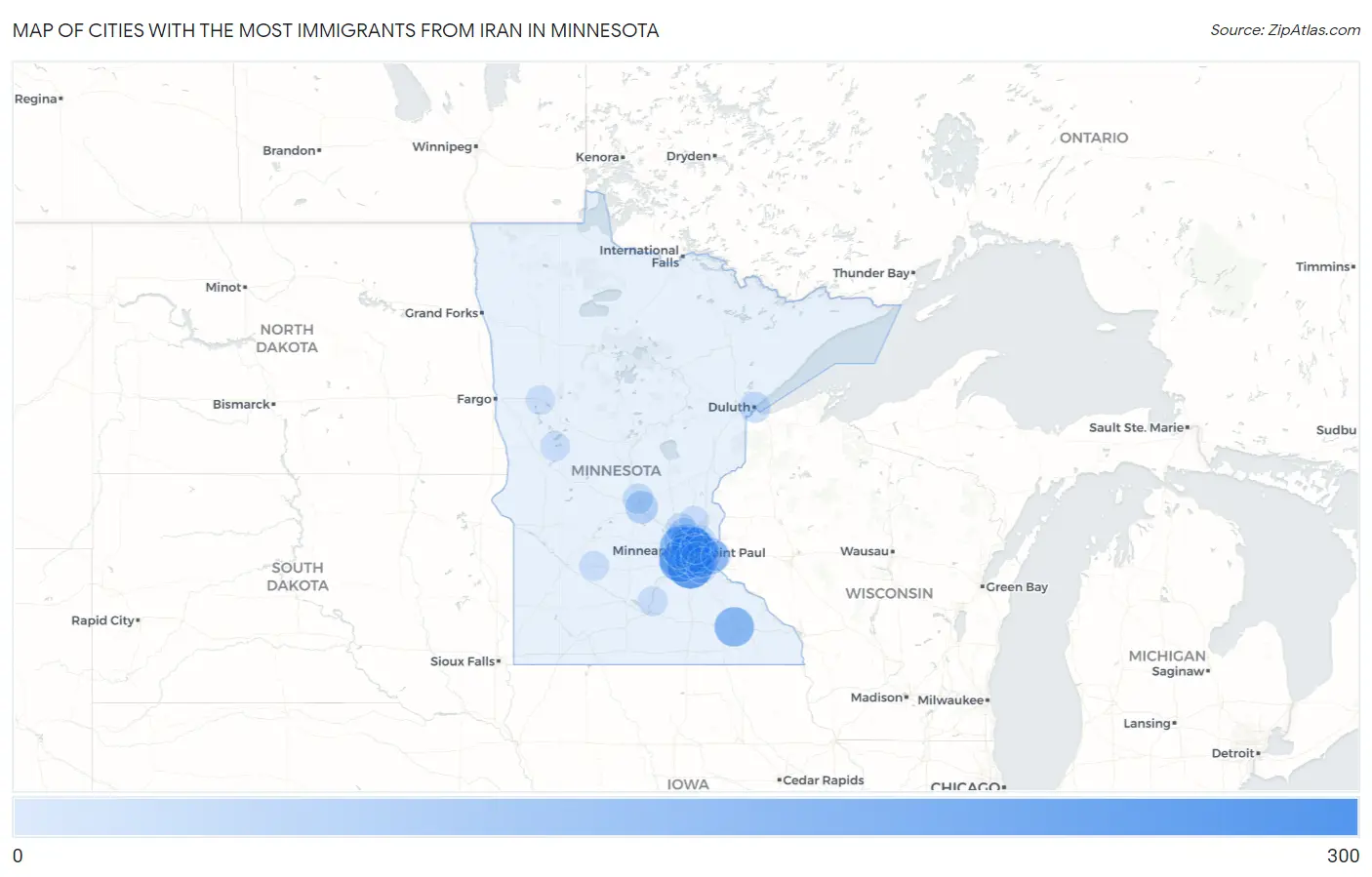 Cities with the Most Immigrants from Iran in Minnesota Map