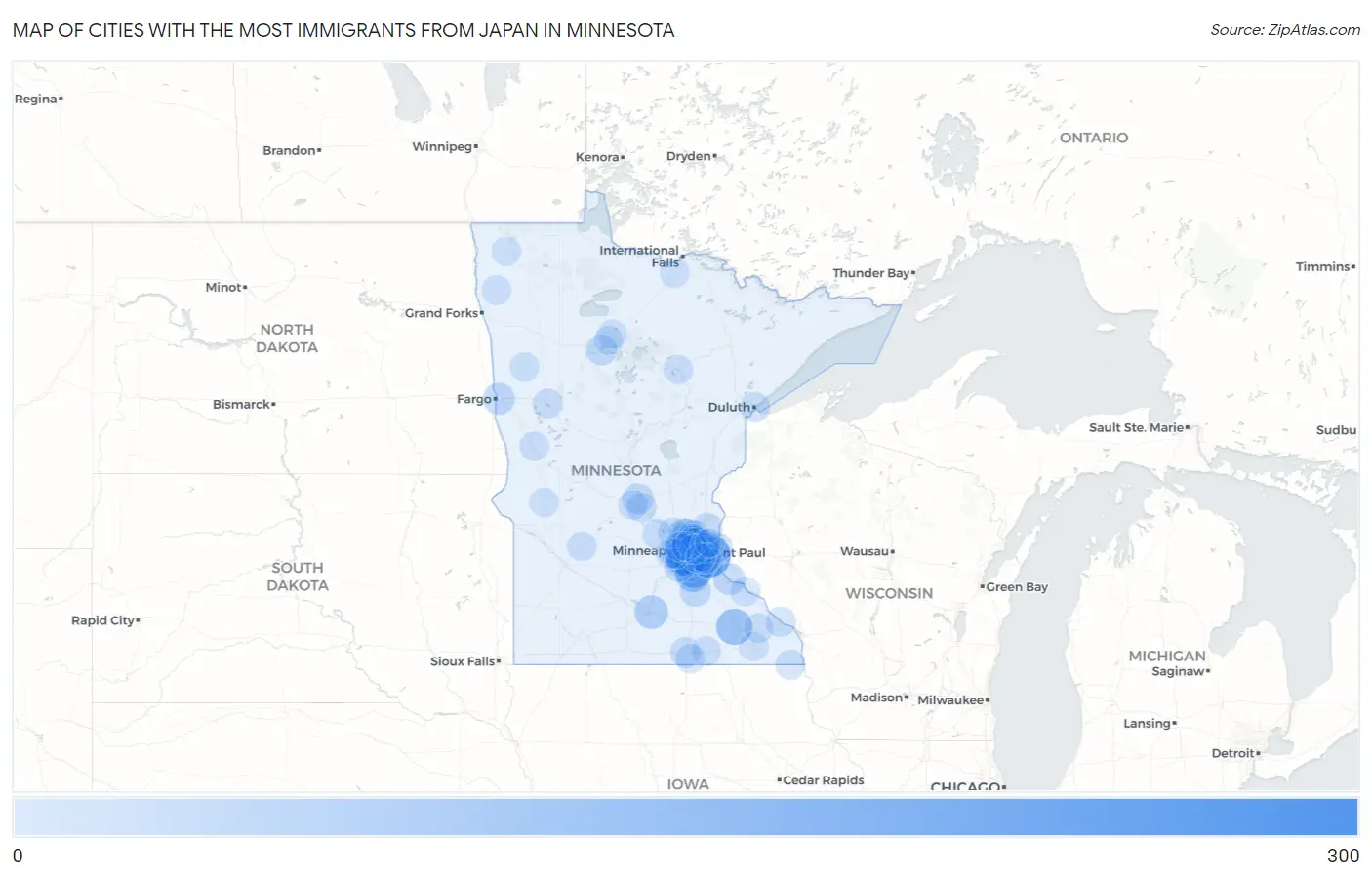 Cities with the Most Immigrants from Japan in Minnesota Map