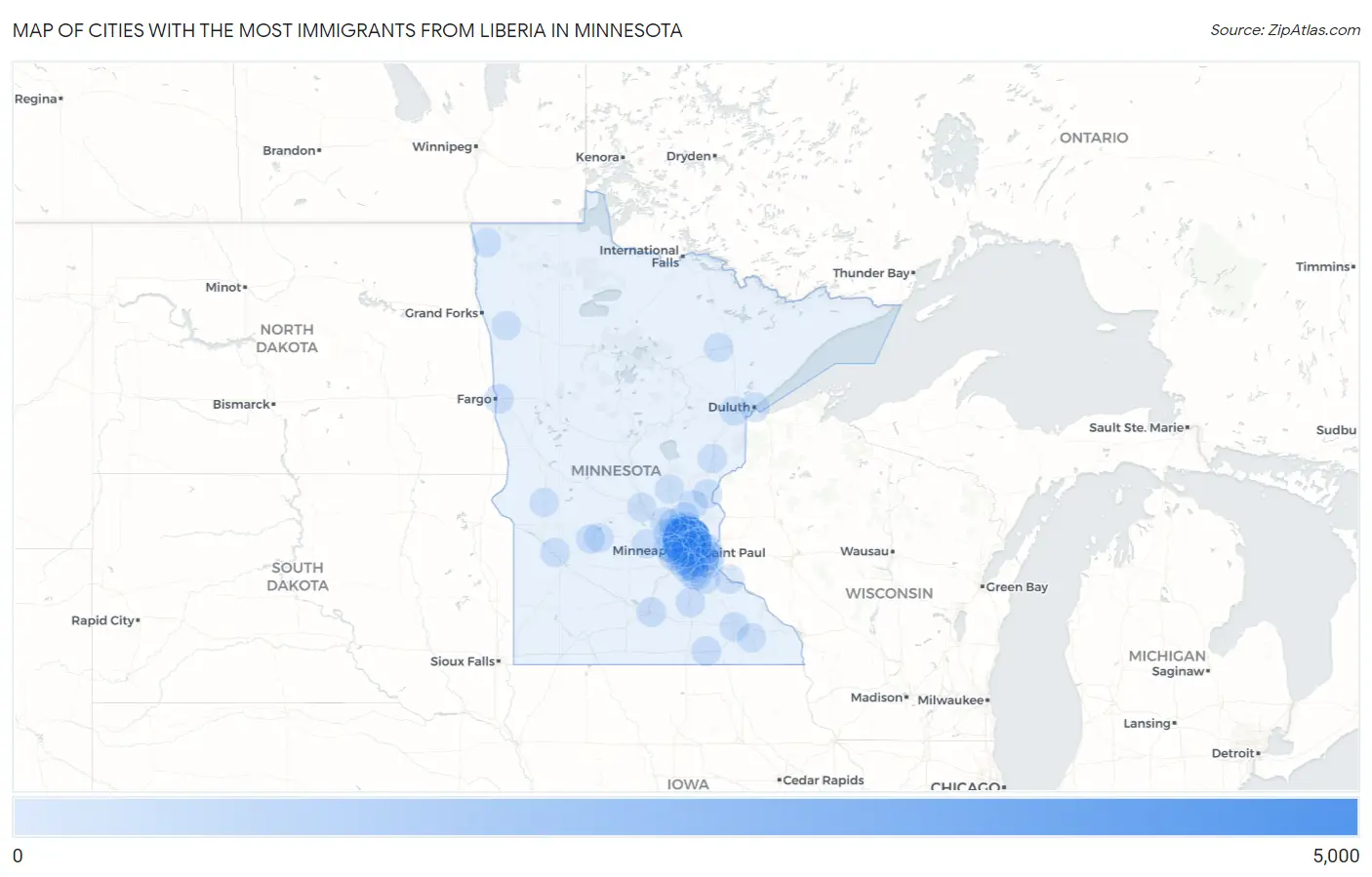 Cities with the Most Immigrants from Liberia in Minnesota Map