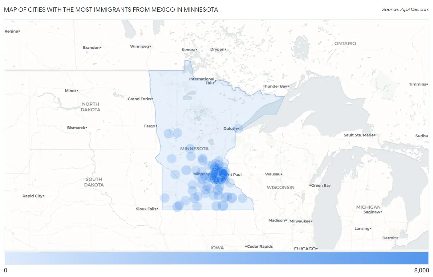 Cities with the Most Immigrants from Mexico in Minnesota Map