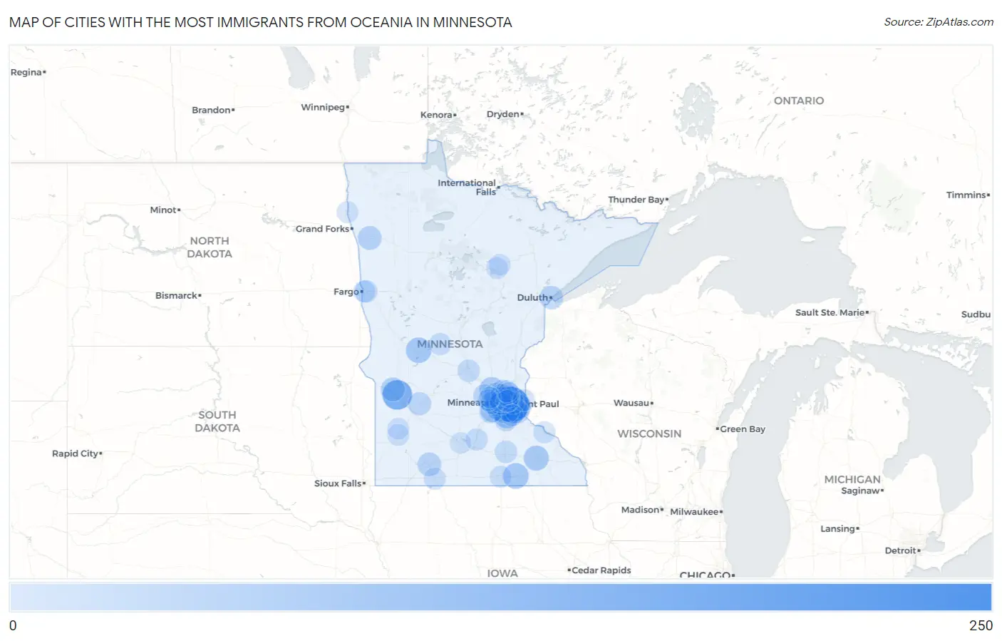 Cities with the Most Immigrants from Oceania in Minnesota Map