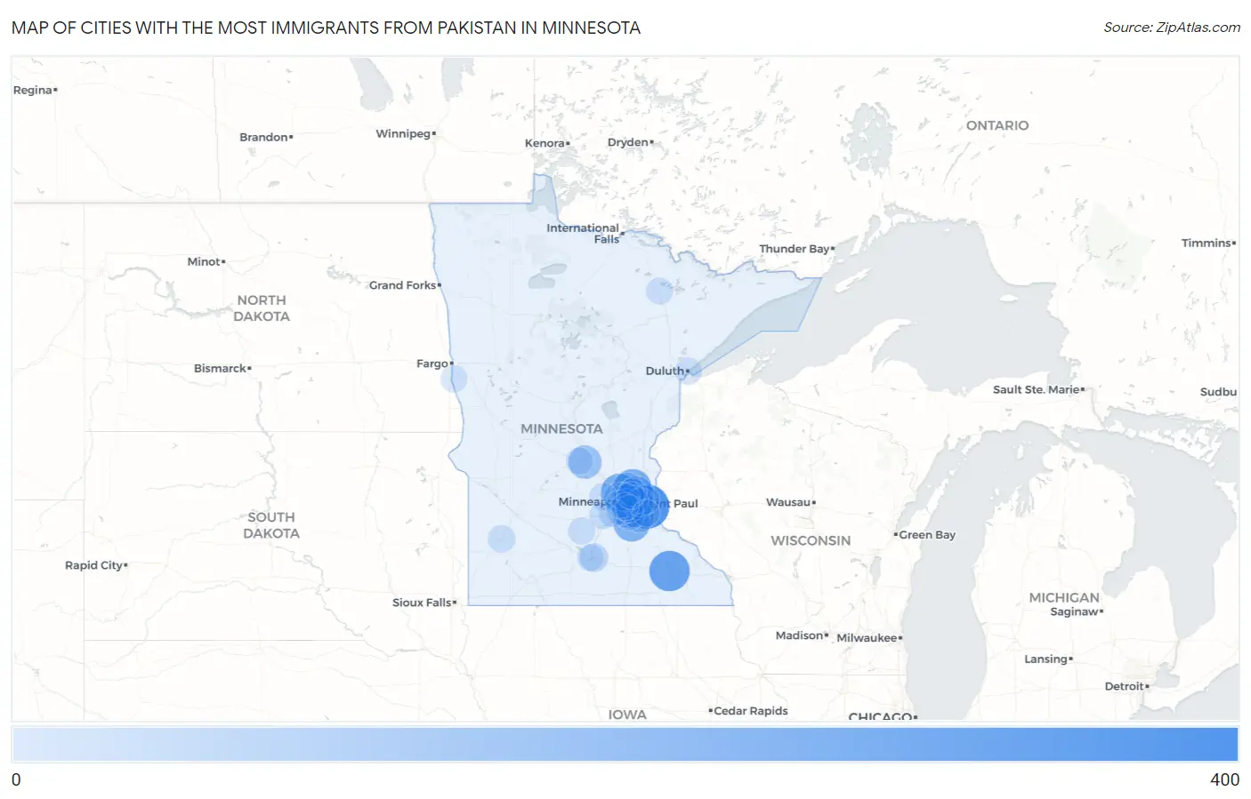 Cities with the Most Immigrants from Pakistan in Minnesota Map
