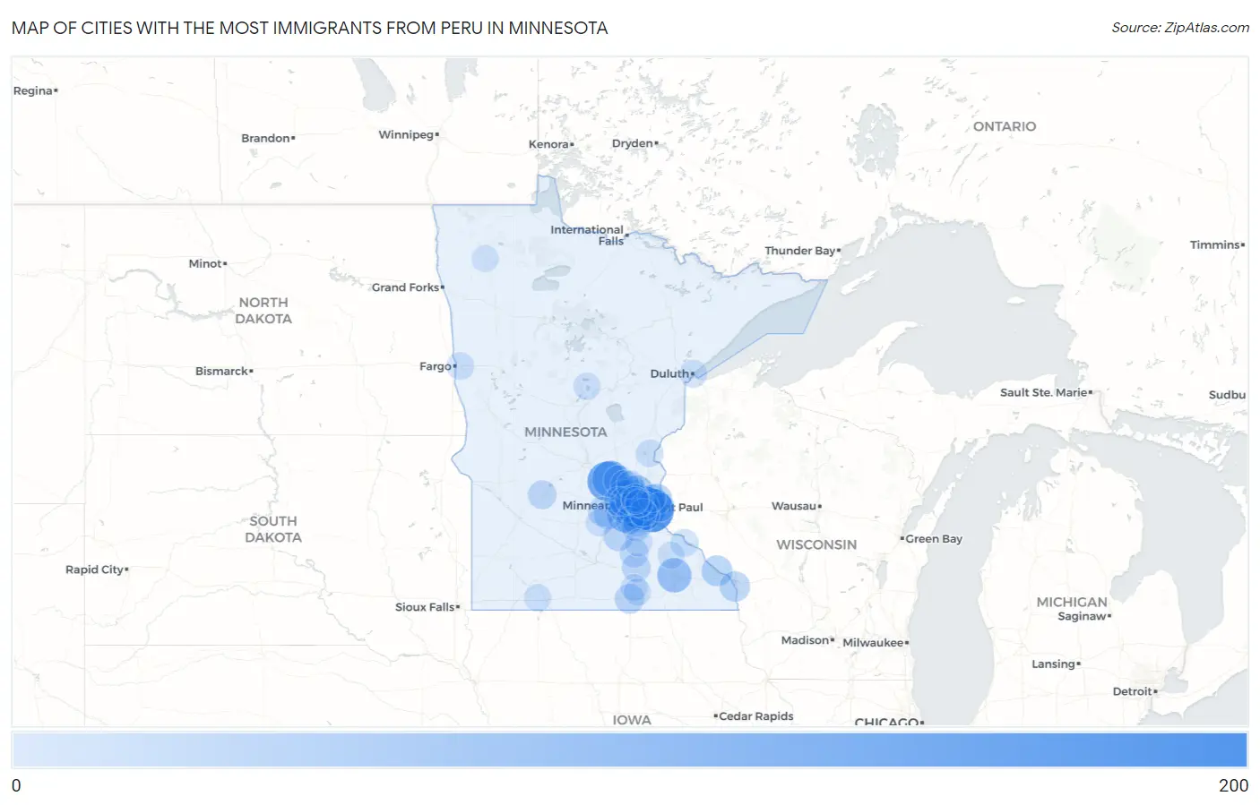 Cities with the Most Immigrants from Peru in Minnesota Map