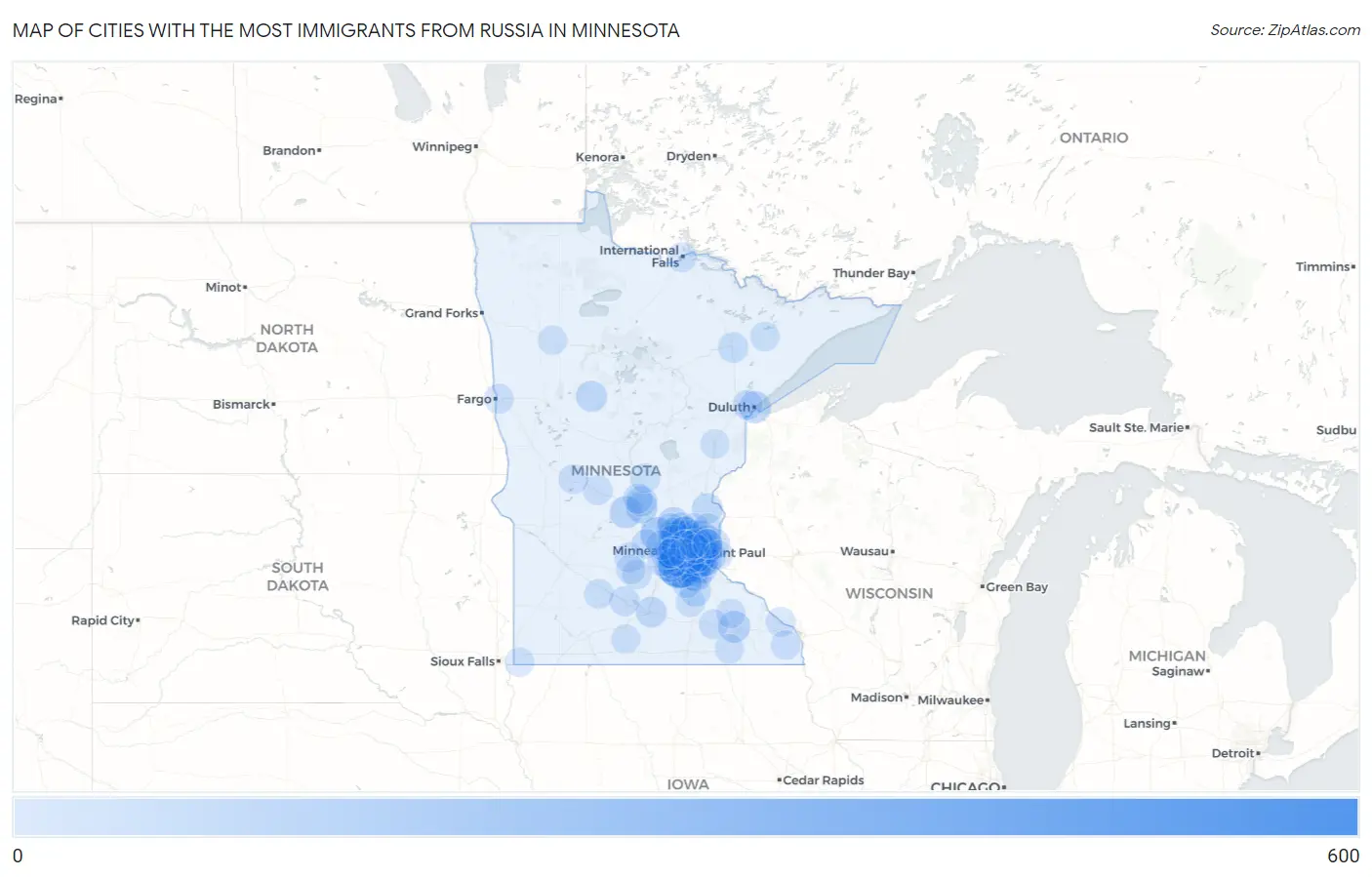 Cities with the Most Immigrants from Russia in Minnesota Map