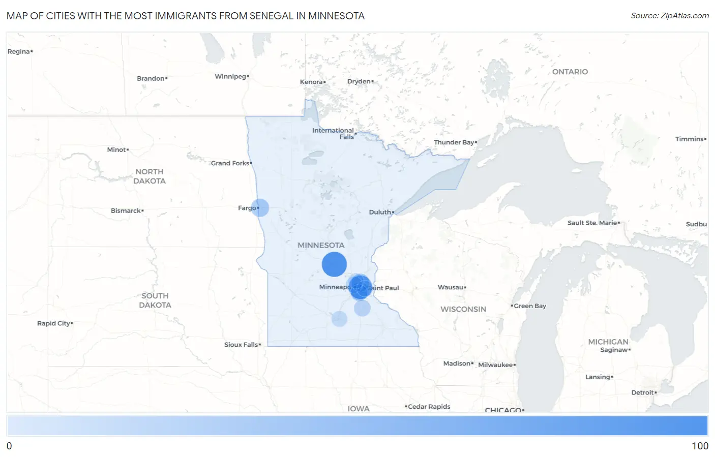 Cities with the Most Immigrants from Senegal in Minnesota Map