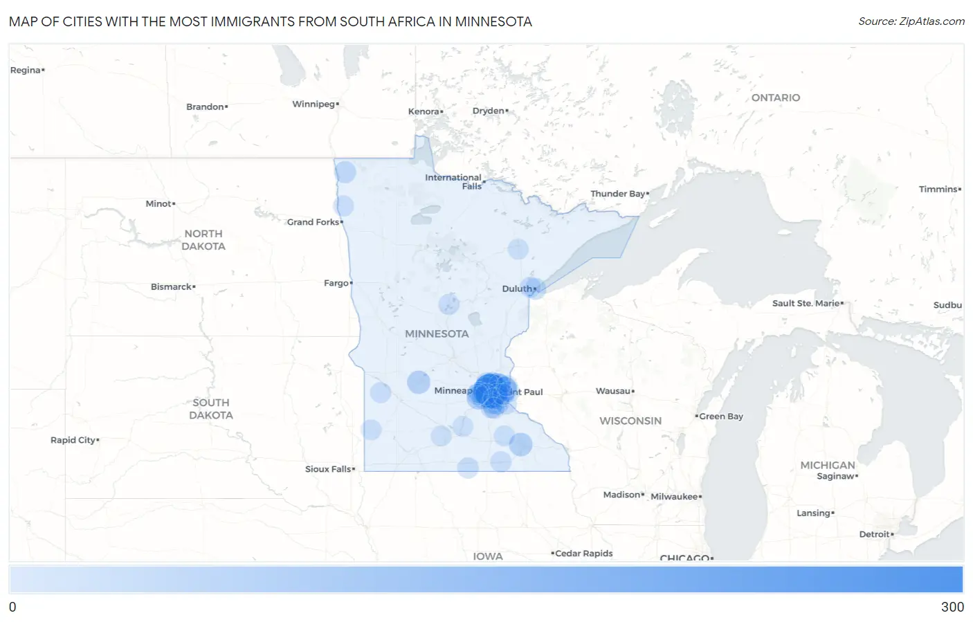 Cities with the Most Immigrants from South Africa in Minnesota Map