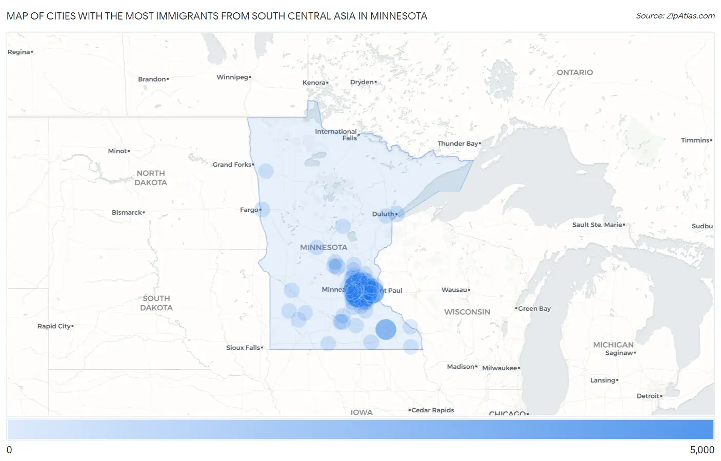 Cities with the Most Immigrants from South Central Asia in Minnesota Map