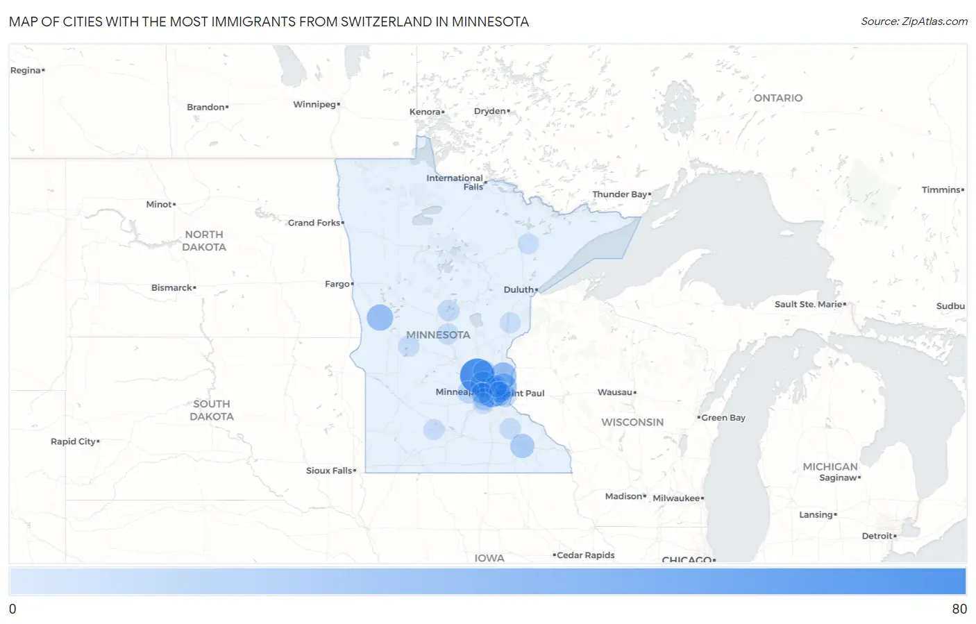 Cities with the Most Immigrants from Switzerland in Minnesota Map