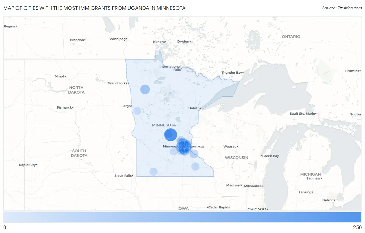 Cities with the Most Immigrants from Uganda in Minnesota Map
