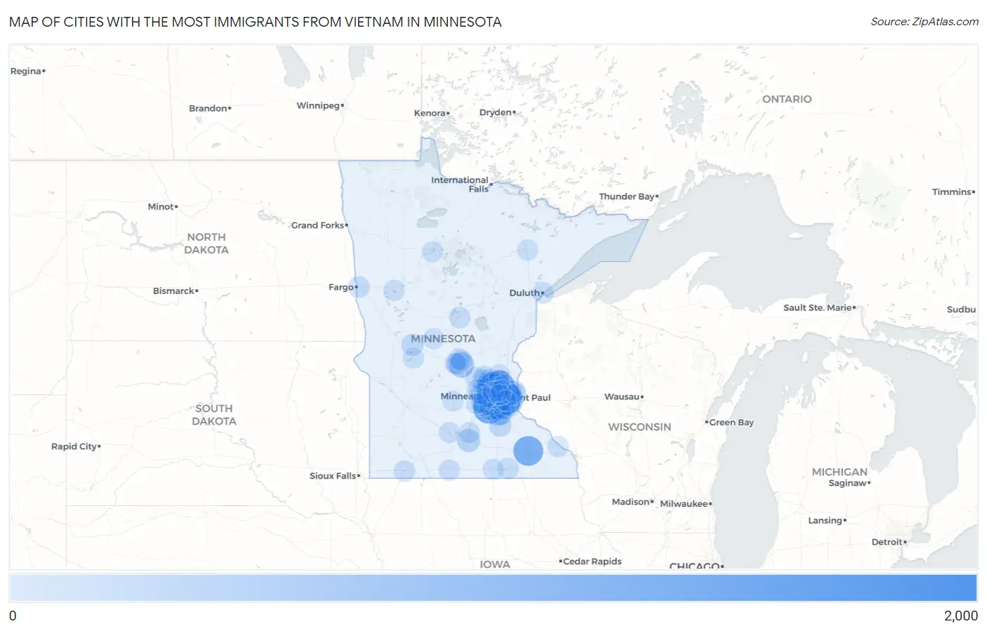 Cities with the Most Immigrants from Vietnam in Minnesota Map