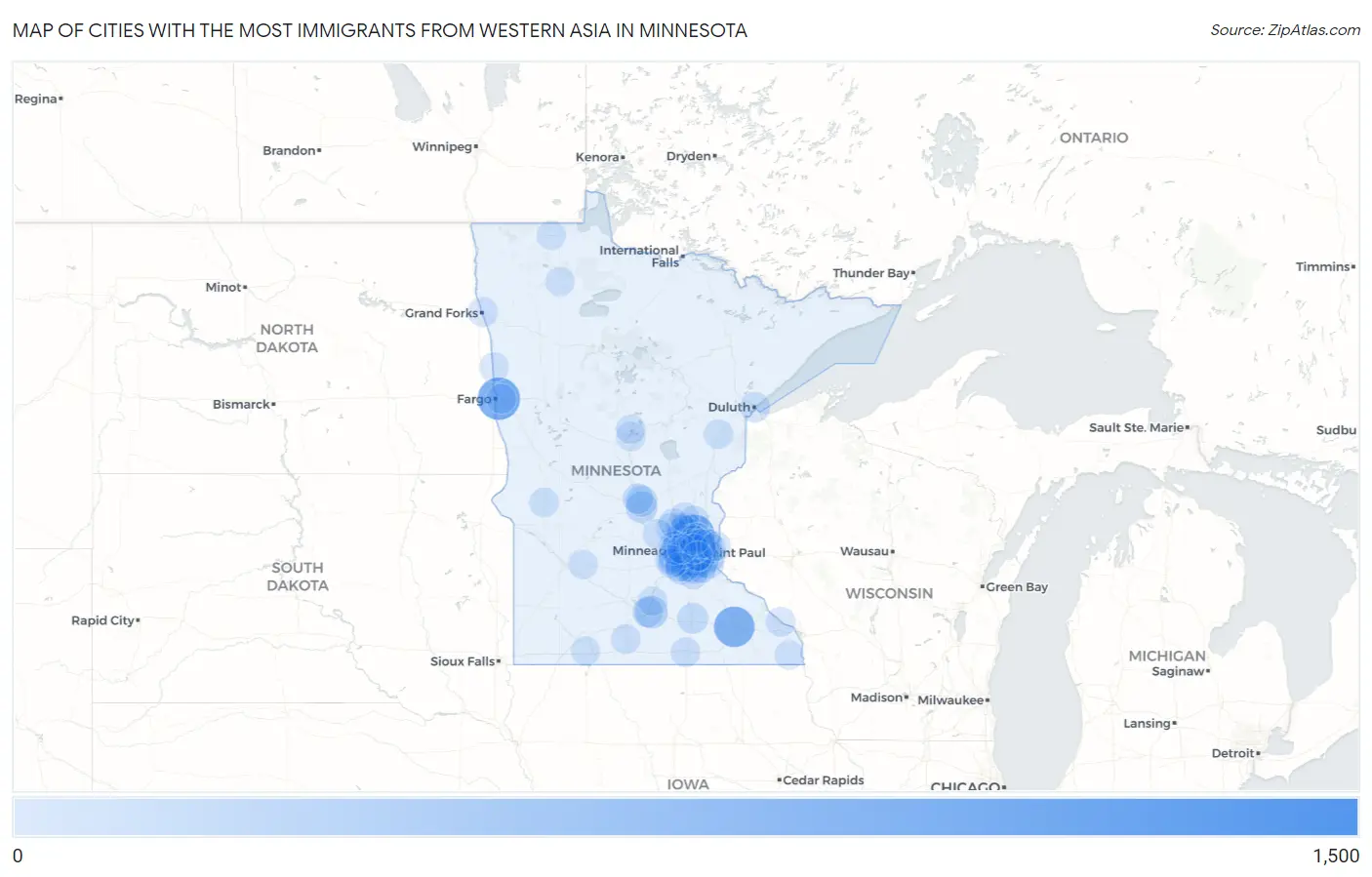 Cities with the Most Immigrants from Western Asia in Minnesota Map