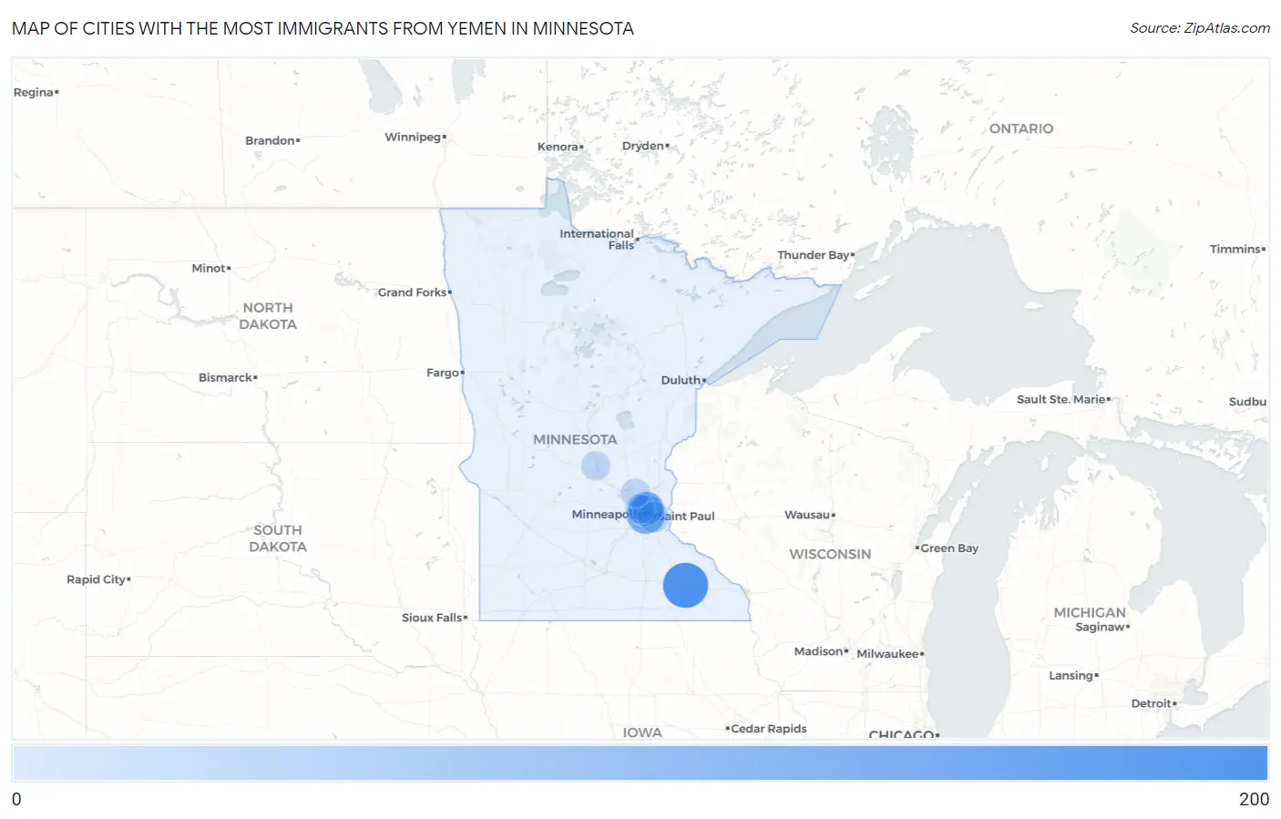 Cities with the Most Immigrants from Yemen in Minnesota Map