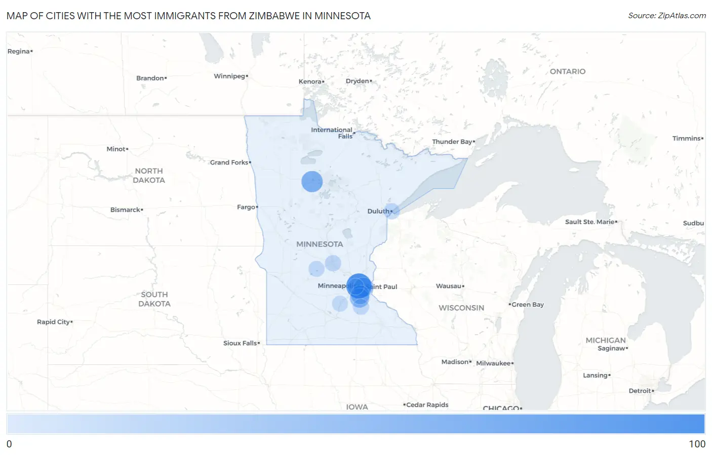 Cities with the Most Immigrants from Zimbabwe in Minnesota Map