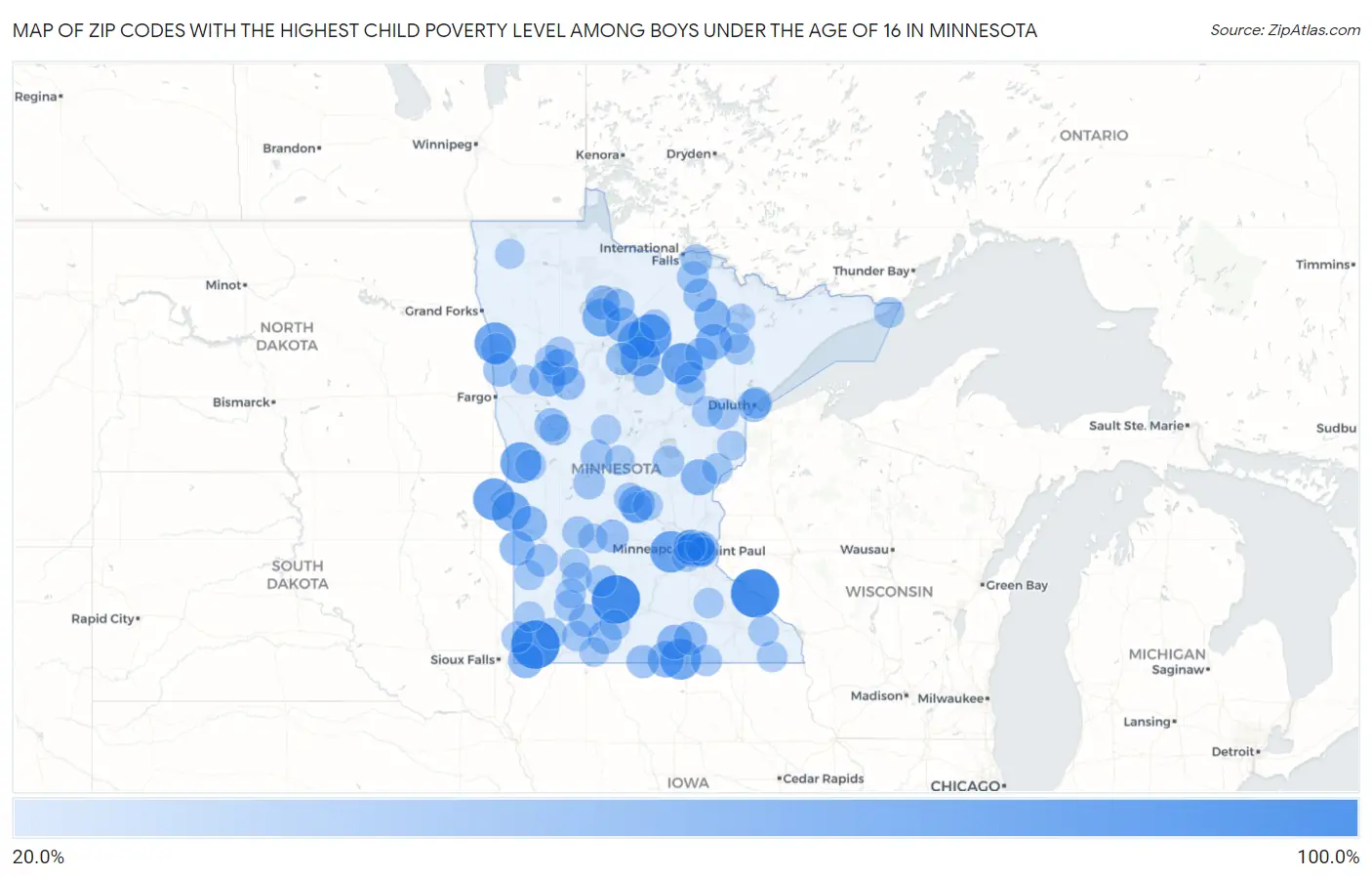 Zip Codes with the Highest Child Poverty Level Among Boys Under the Age of 16 in Minnesota Map