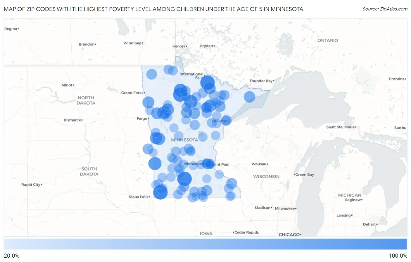 Zip Codes with the Highest Poverty Level Among Children Under the Age of 5 in Minnesota Map