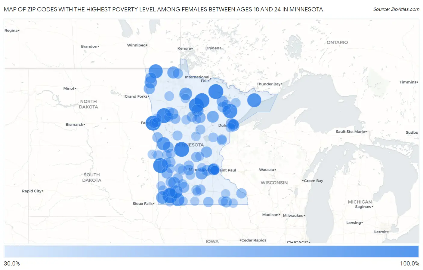 Zip Codes with the Highest Poverty Level Among Females Between Ages 18 and 24 in Minnesota Map