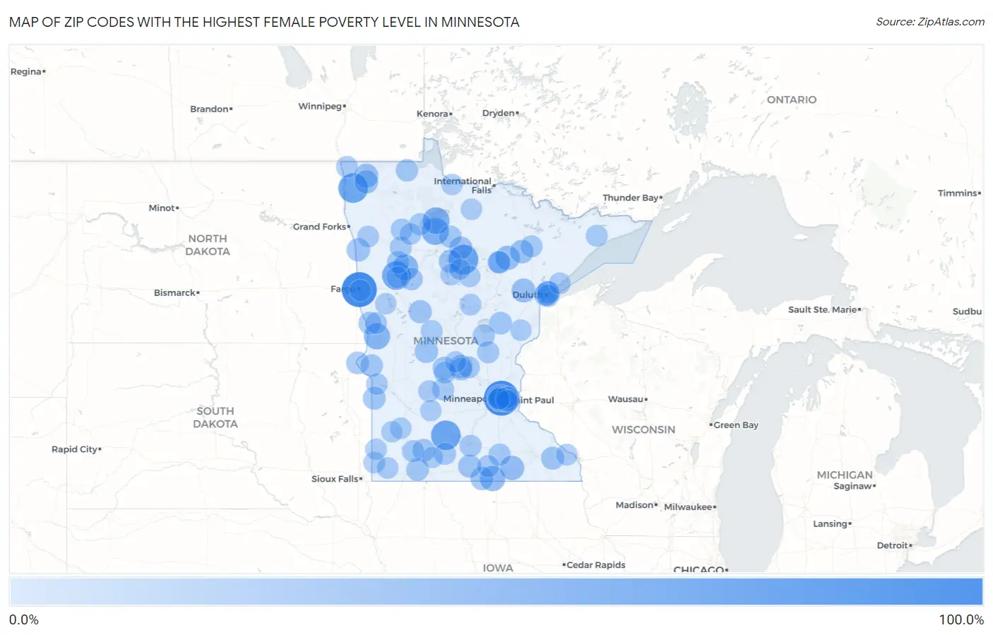 Zip Codes with the Highest Female Poverty Level in Minnesota Map