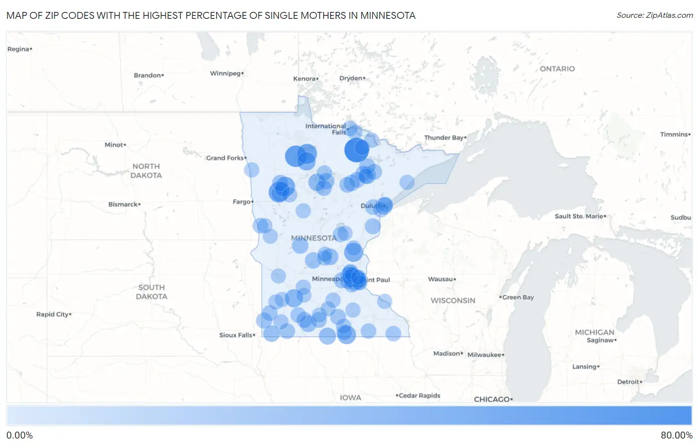 Zip Codes with the Highest Percentage of Single Mothers in Minnesota Map