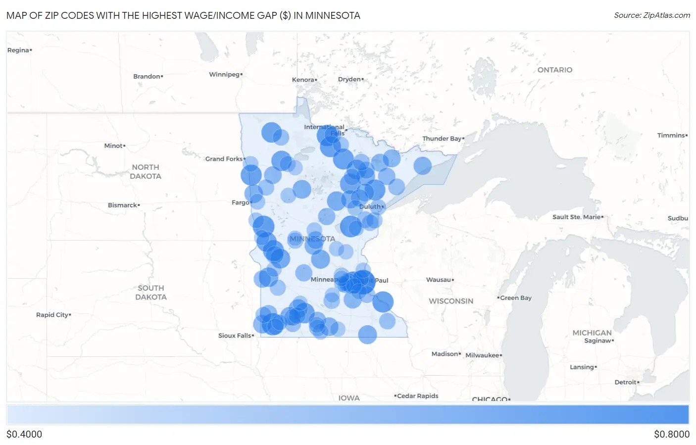 Zip Codes with the Highest Wage/Income Gap ($) in Minnesota Map