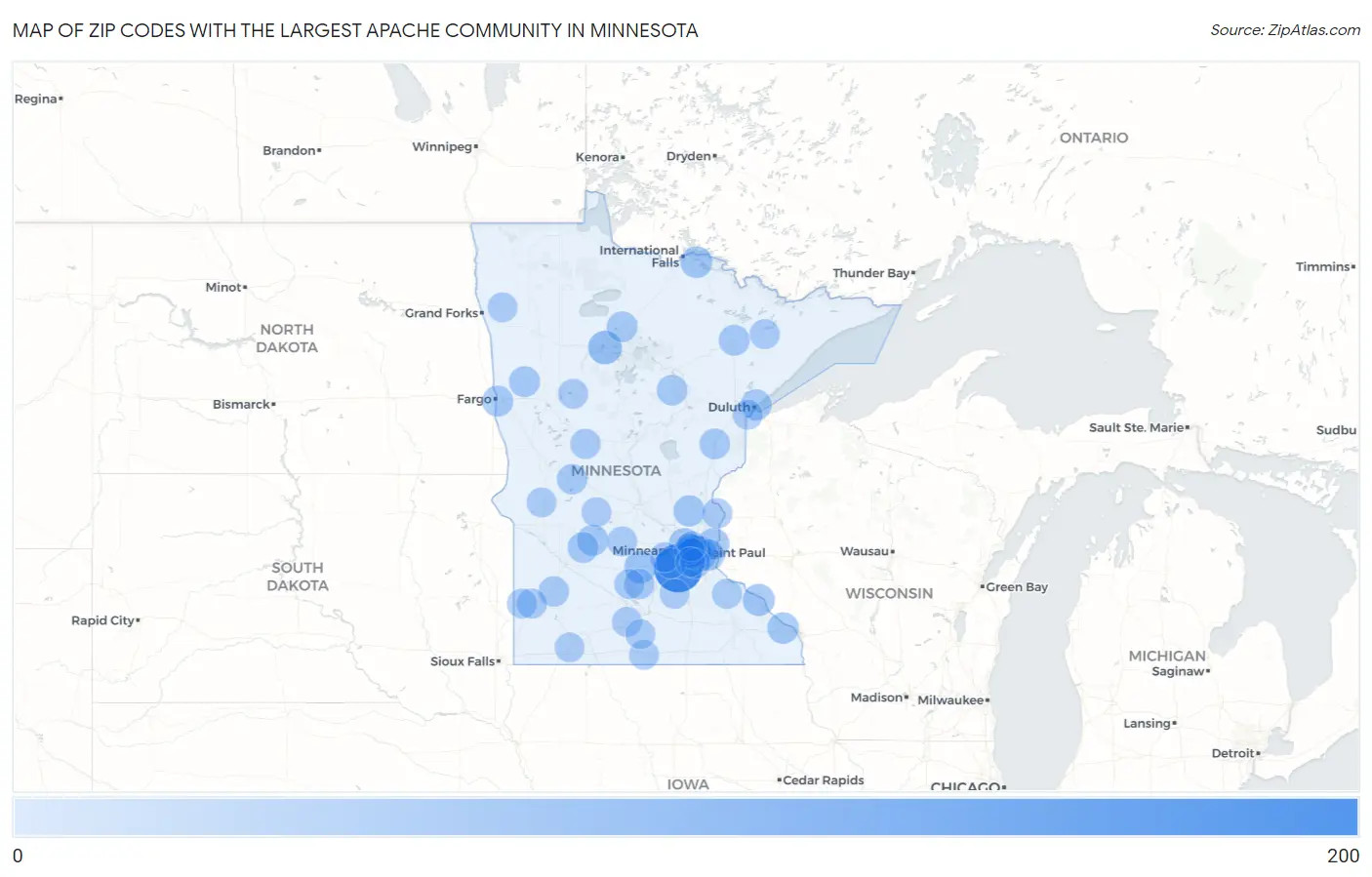 Zip Codes with the Largest Apache Community in Minnesota Map