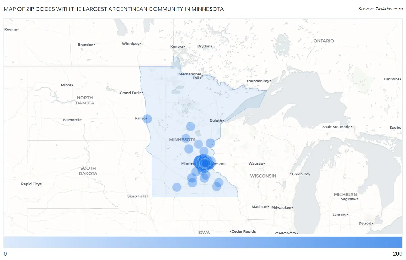 Zip Codes with the Largest Argentinean Community in Minnesota Map