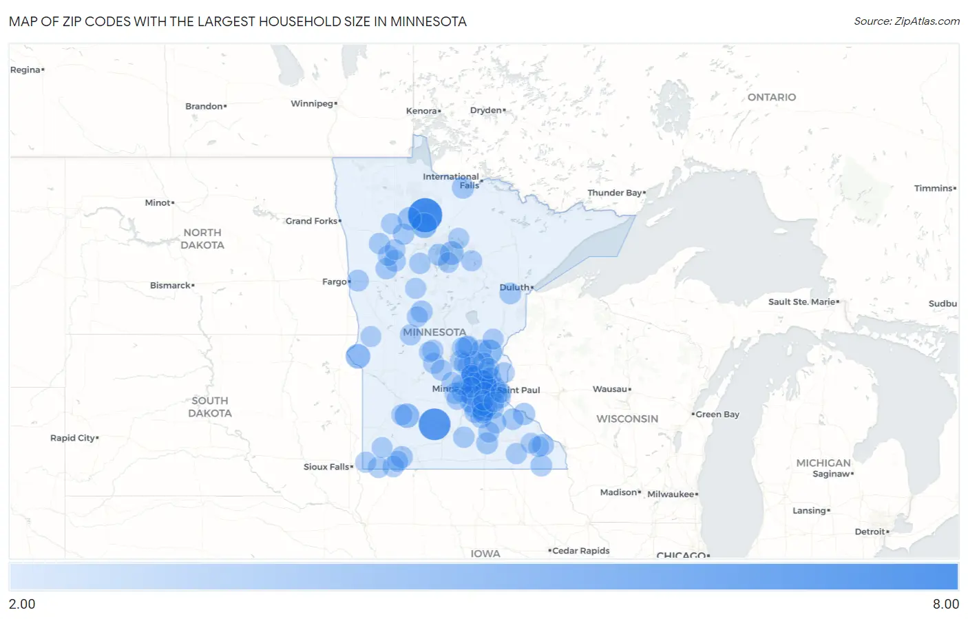 Zip Codes with the Largest Household Size in Minnesota Map