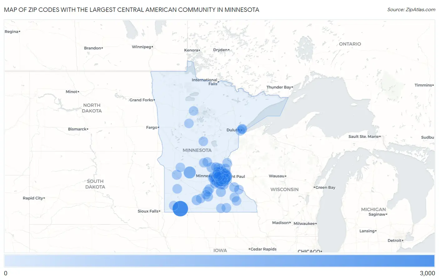 Zip Codes with the Largest Central American Community in Minnesota Map