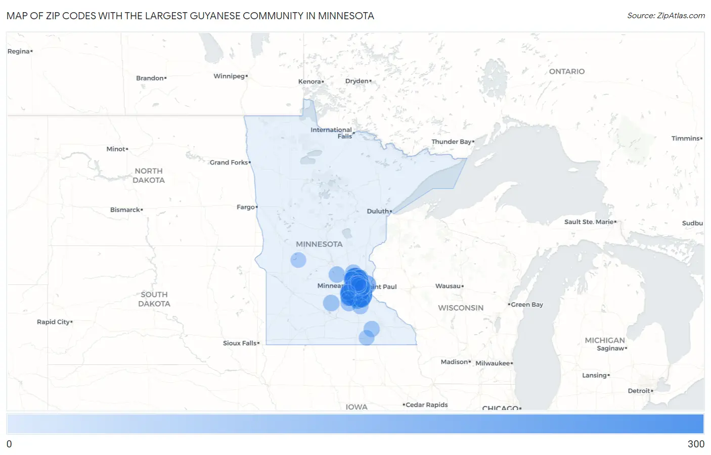 Zip Codes with the Largest Guyanese Community in Minnesota Map