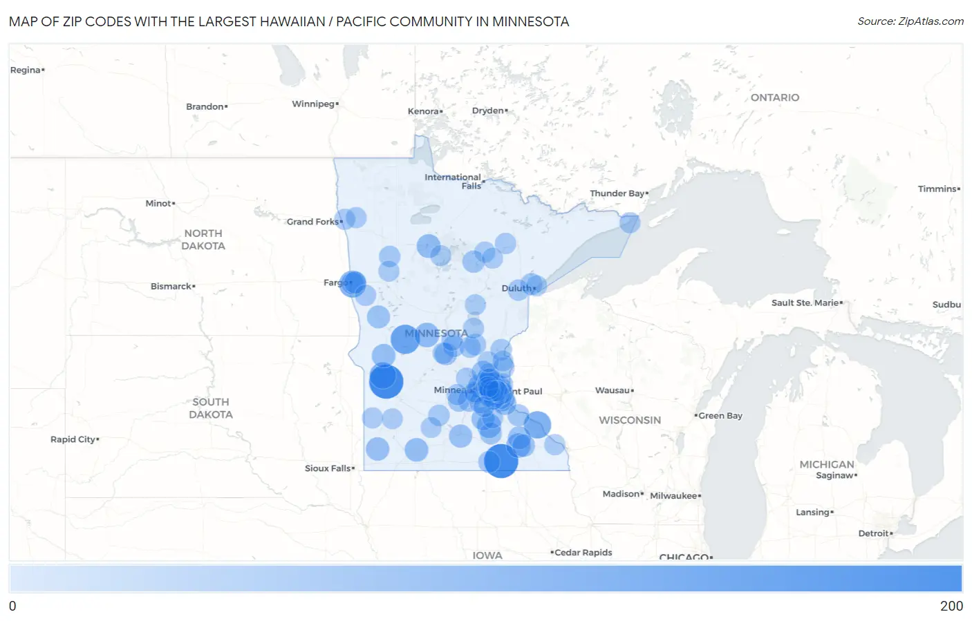 Zip Codes with the Largest Hawaiian / Pacific Community in Minnesota Map