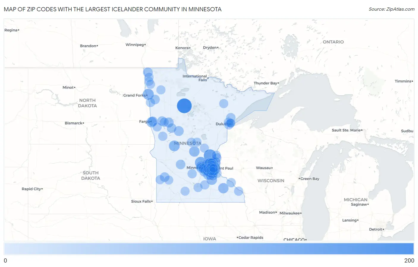 Zip Codes with the Largest Icelander Community in Minnesota Map