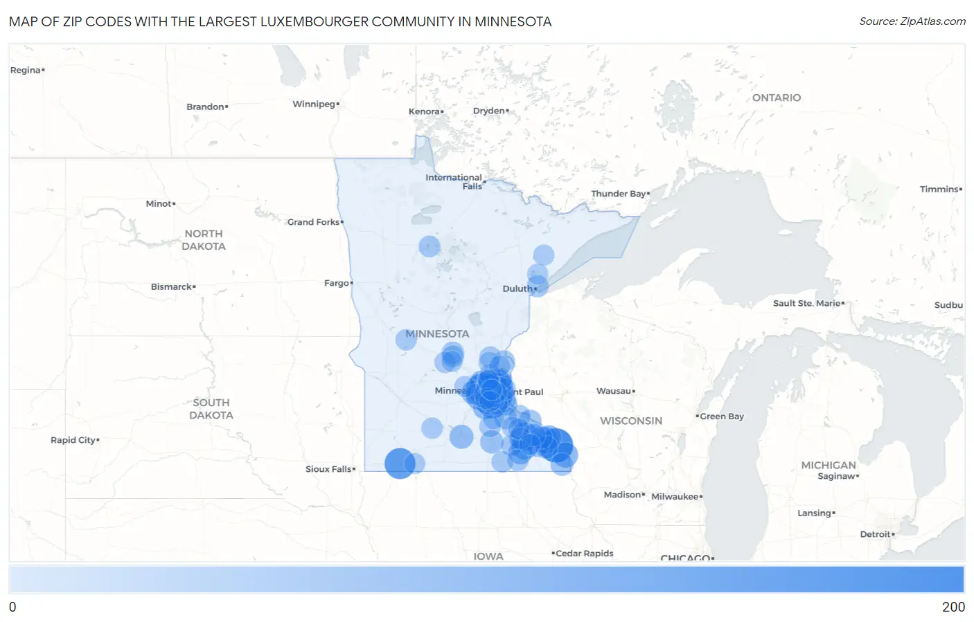 Zip Codes with the Largest Luxembourger Community in Minnesota Map
