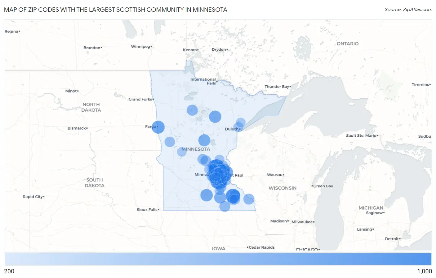 Zip Codes with the Largest Scottish Community in Minnesota Map