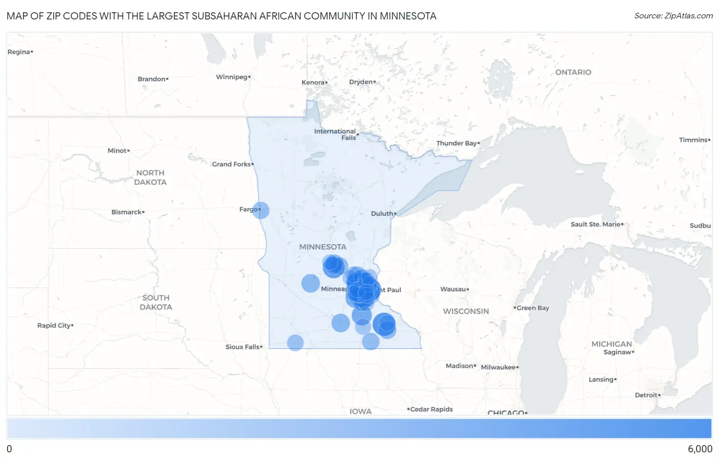 Zip Codes with the Largest Subsaharan African Community in Minnesota Map