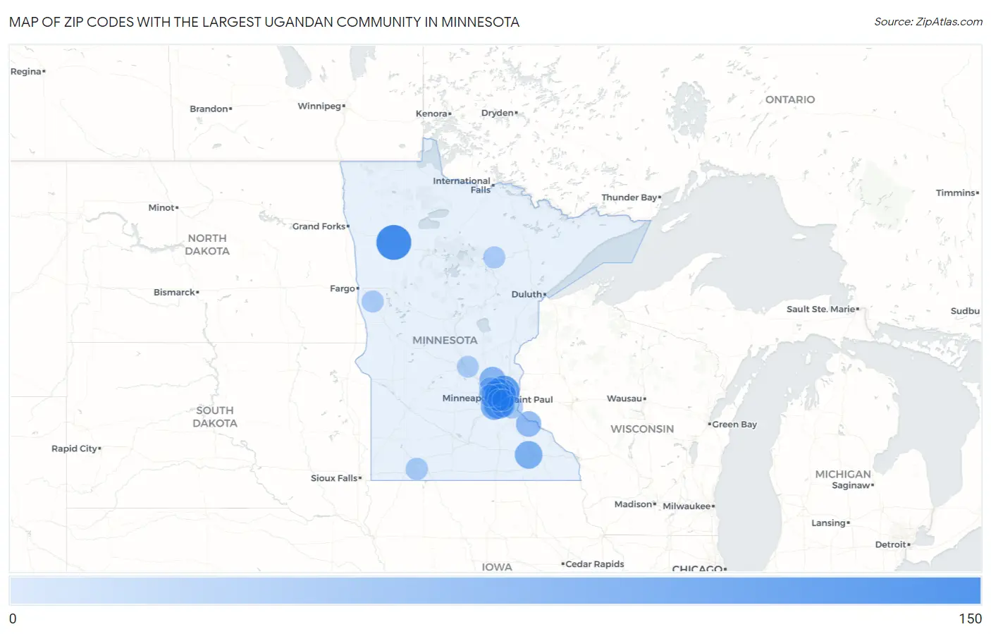 Zip Codes with the Largest Ugandan Community in Minnesota Map