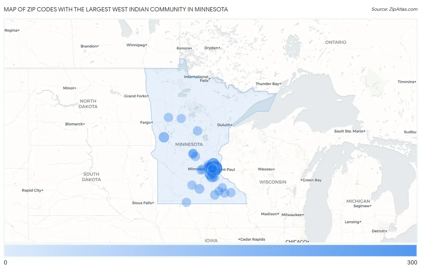 Zip Codes with the Largest West Indian Community in Minnesota Map