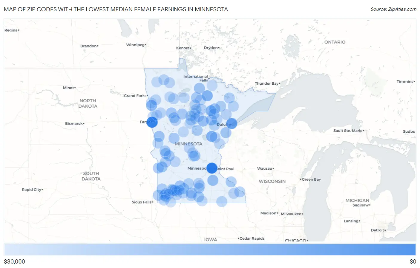 Zip Codes with the Lowest Median Female Earnings in Minnesota Map