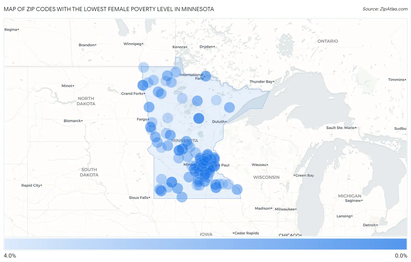 Zip Codes with the Lowest Female Poverty Level in Minnesota Map