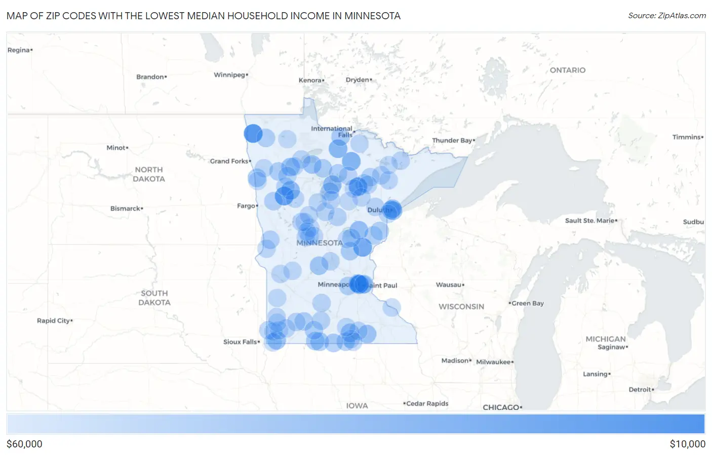 Zip Codes with the Lowest Median Household Income in Minnesota Map
