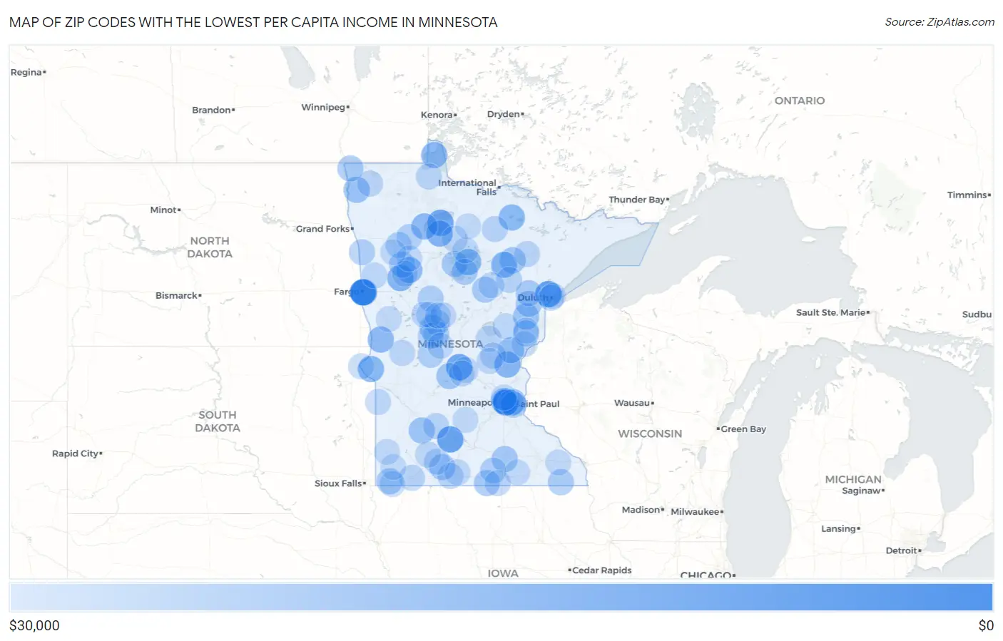 Zip Codes with the Lowest Per Capita Income in Minnesota Map