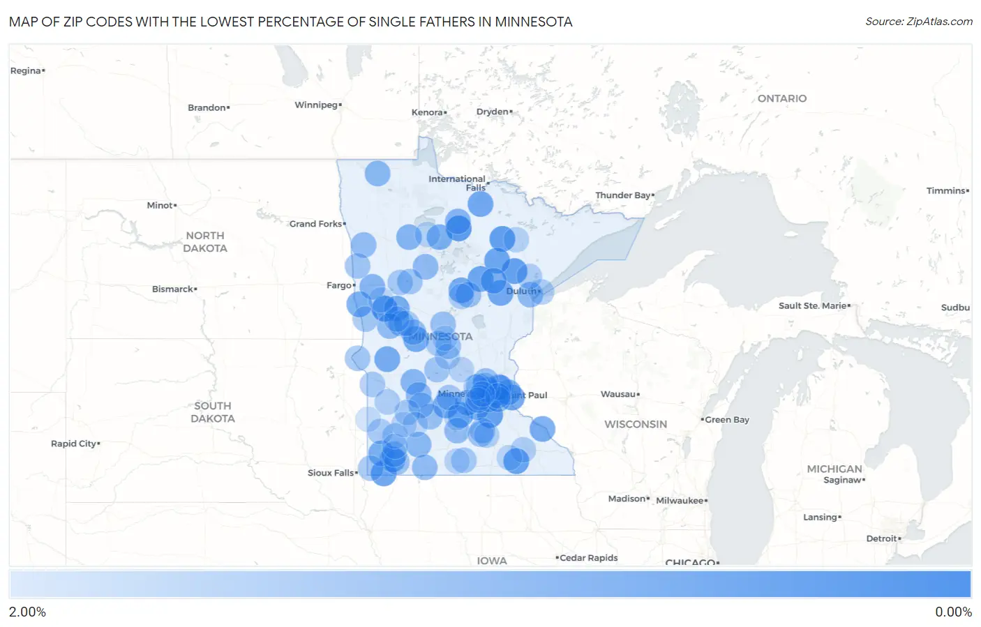 Zip Codes with the Lowest Percentage of Single Fathers in Minnesota Map