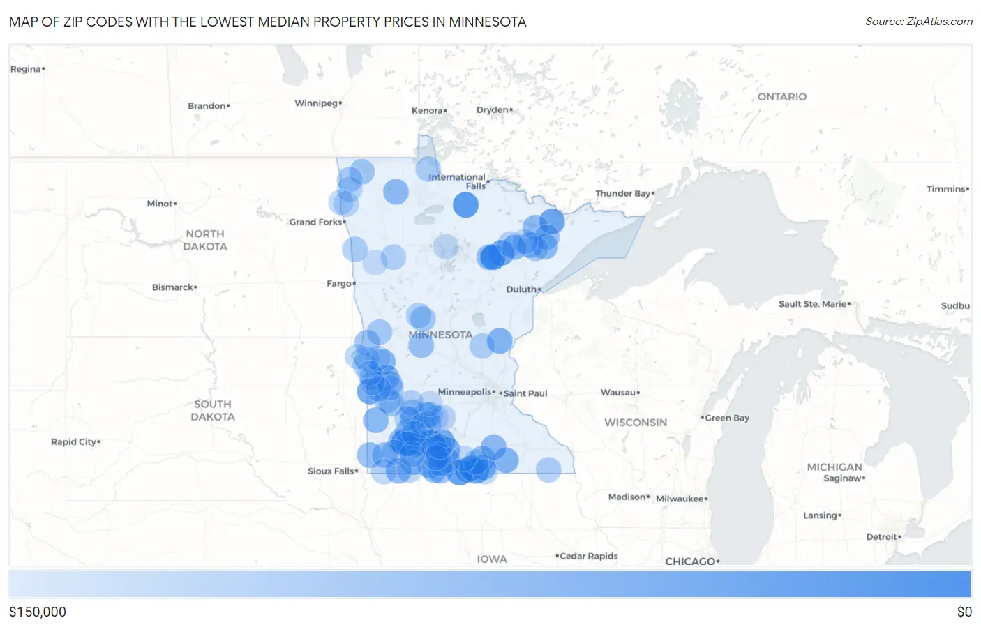 Zip Codes with the Lowest Median Property Prices in Minnesota Map