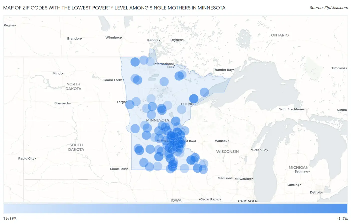 Zip Codes with the Lowest Poverty Level Among Single Mothers in Minnesota Map