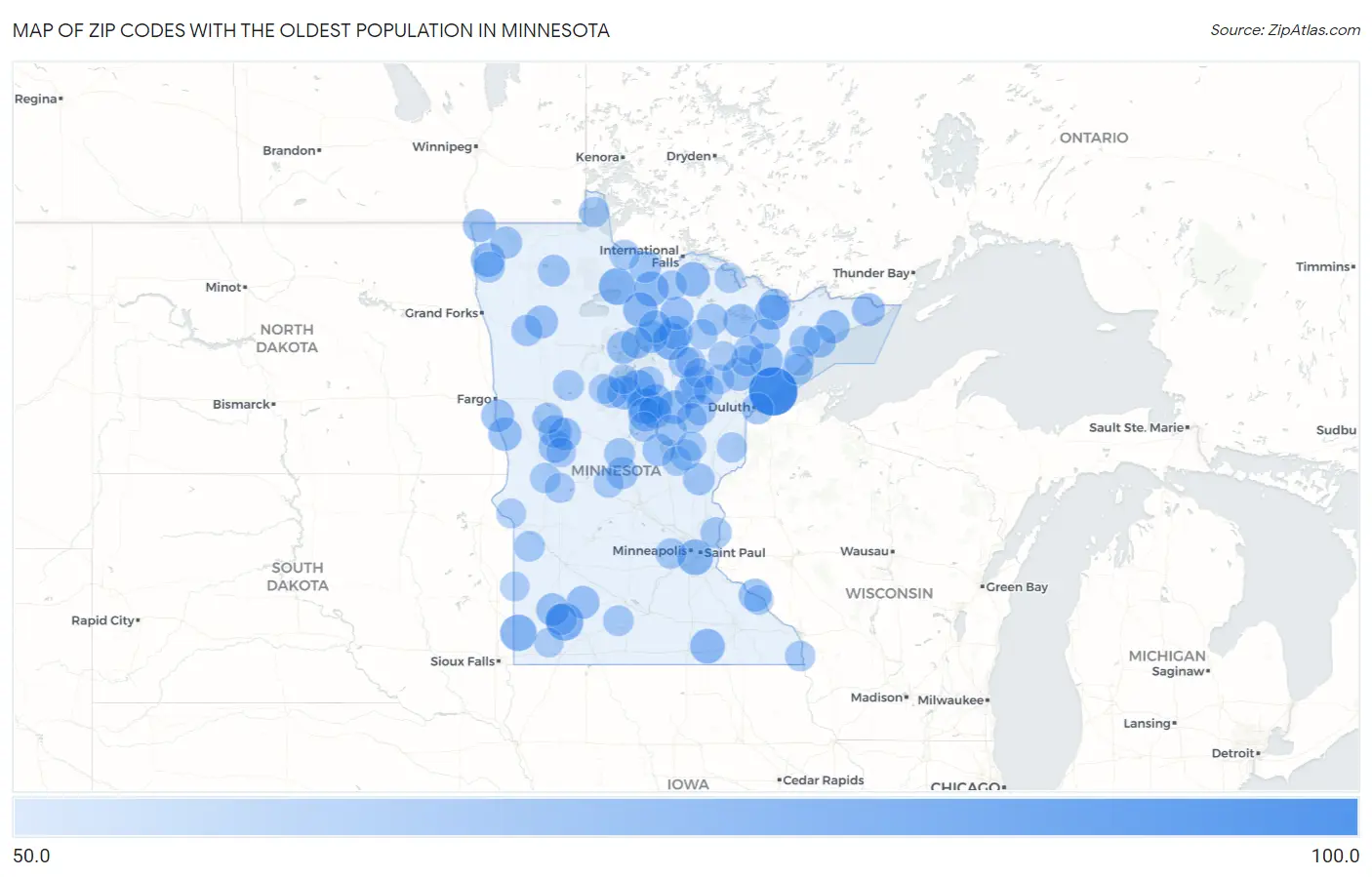 Zip Codes with the Oldest Population in Minnesota Map