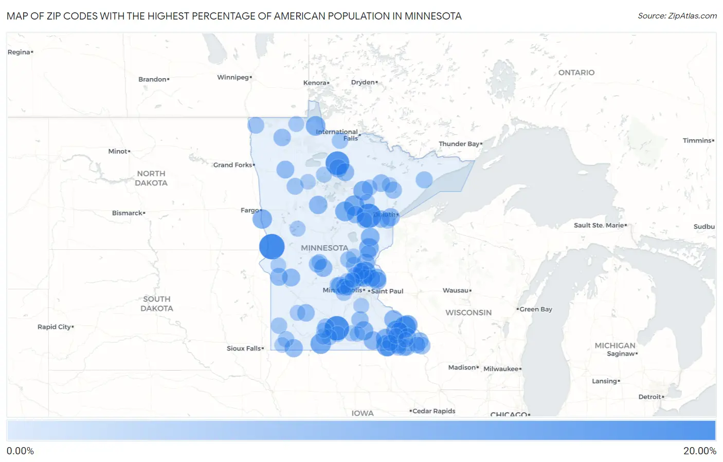 Zip Codes with the Highest Percentage of American Population in Minnesota Map