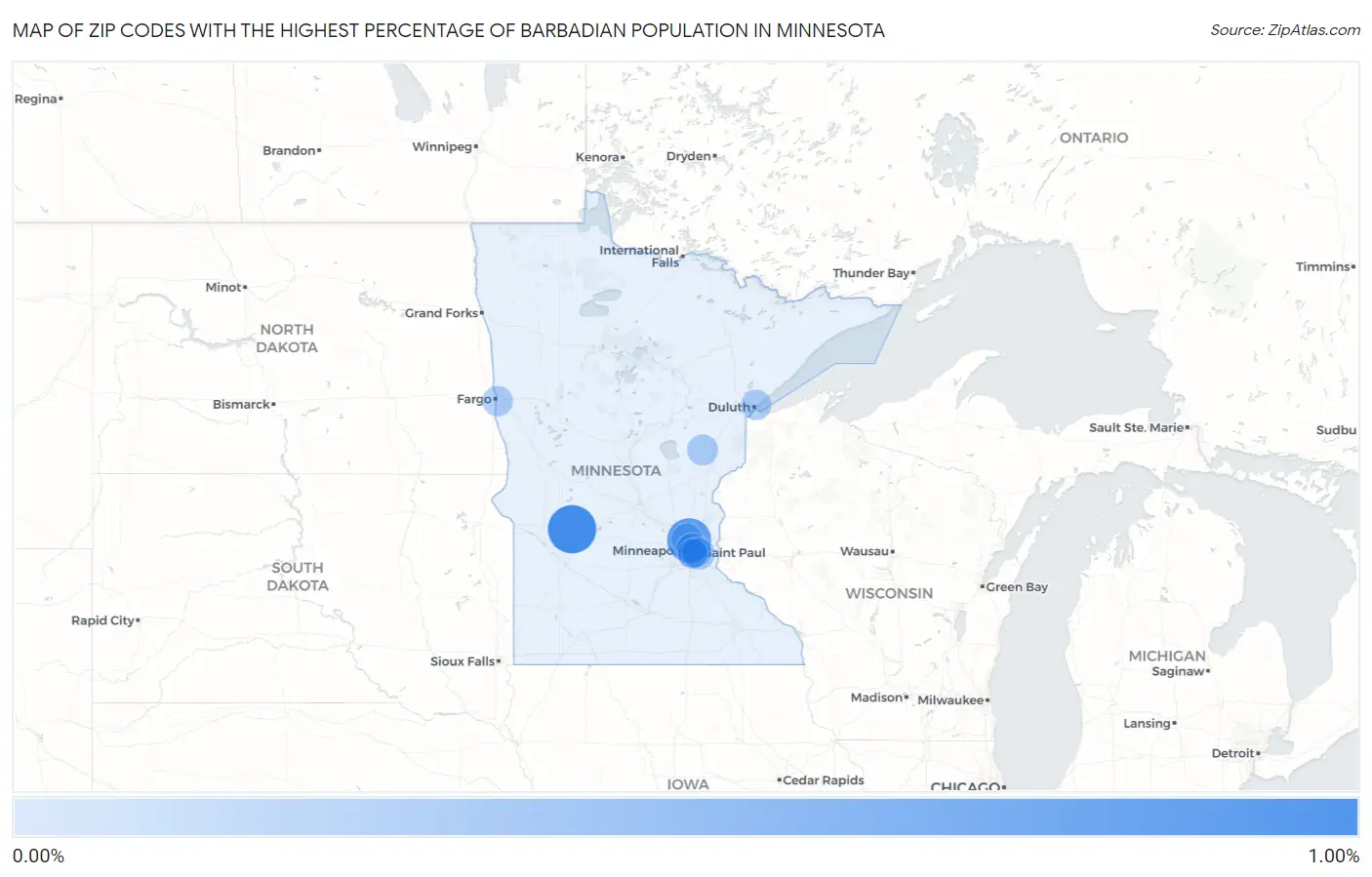 Zip Codes with the Highest Percentage of Barbadian Population in Minnesota Map