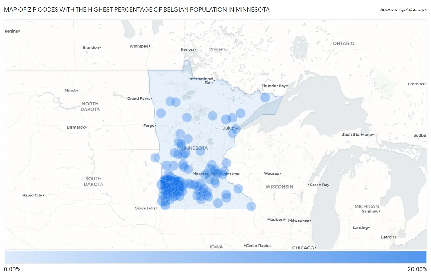 Zip Codes with the Highest Percentage of Belgian Population in Minnesota Map