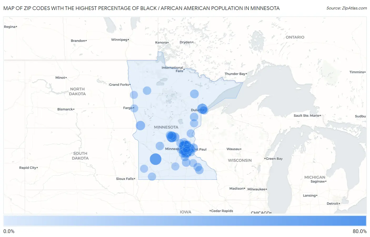 Zip Codes with the Highest Percentage of Black / African American Population in Minnesota Map